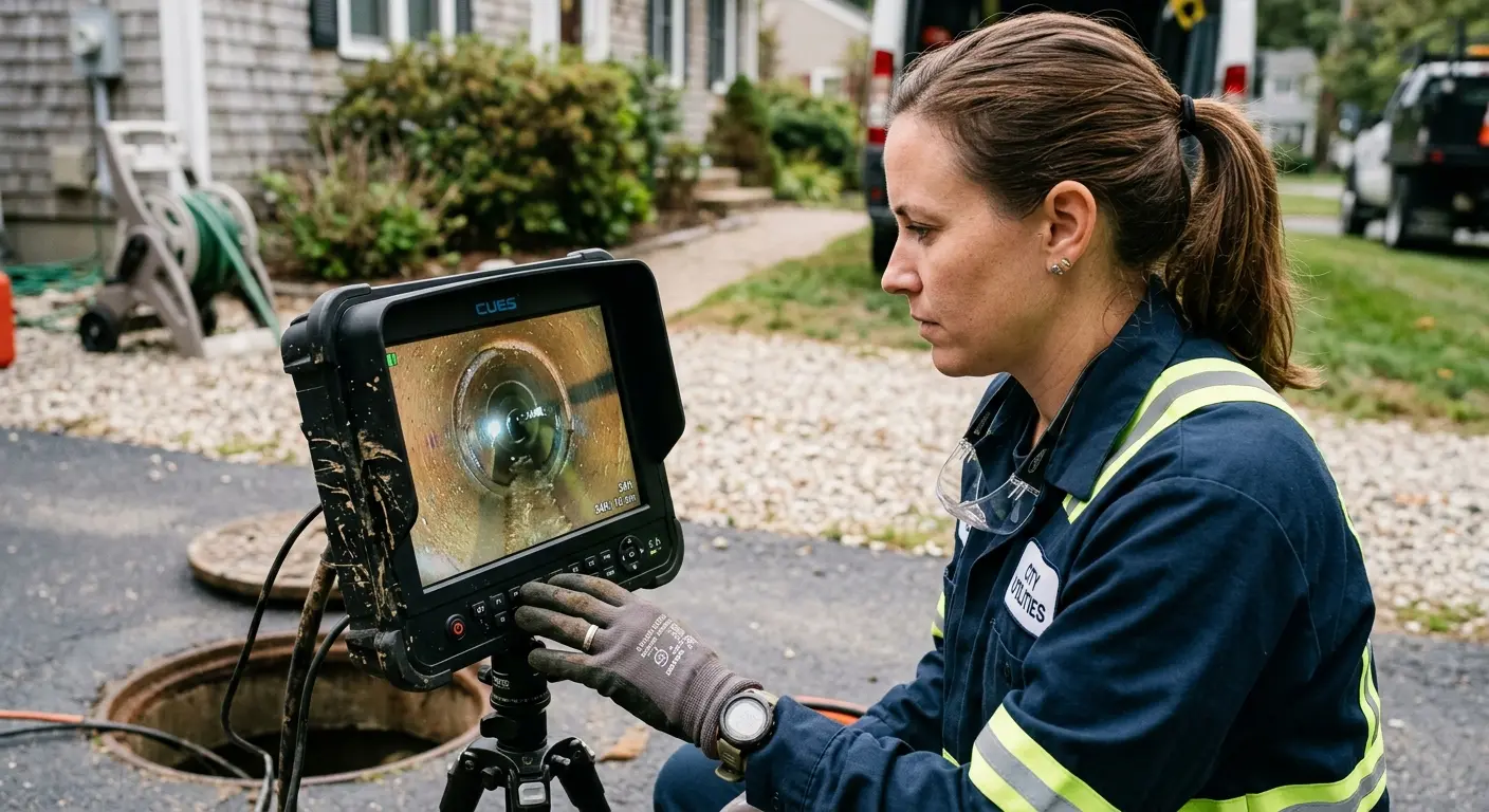 Technician reviewing sewer camera inspection footage in Chickasha