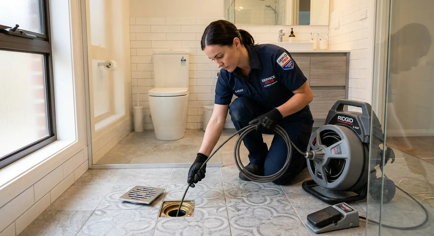 Technician clearing a bathroom floor drain for Sewer Line Installation in Chickasha